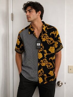 Brave Soul Black and Yellow Split-Print Short Sleeve Button-Up Shirt